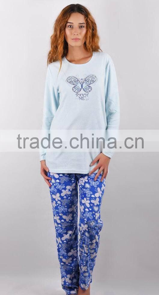 Kevince polar fleece pyjamas set woman pajama blue butterfly 1000pcs up OEM factory directly