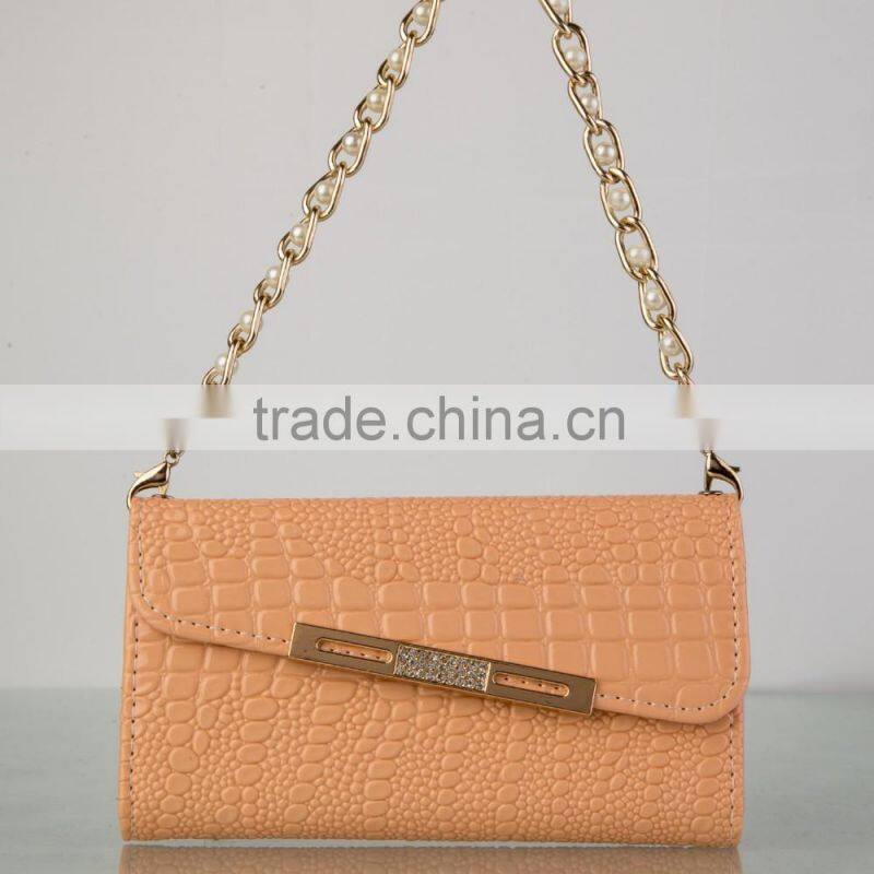 2015 latest design pearl chain tote bag design leather cell phone case for iphone 6