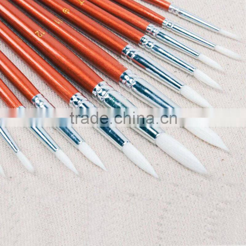 Wholesale 12pcs per set short red wood handle white nylon hair round acrylic artist paint brush pen set for art painting