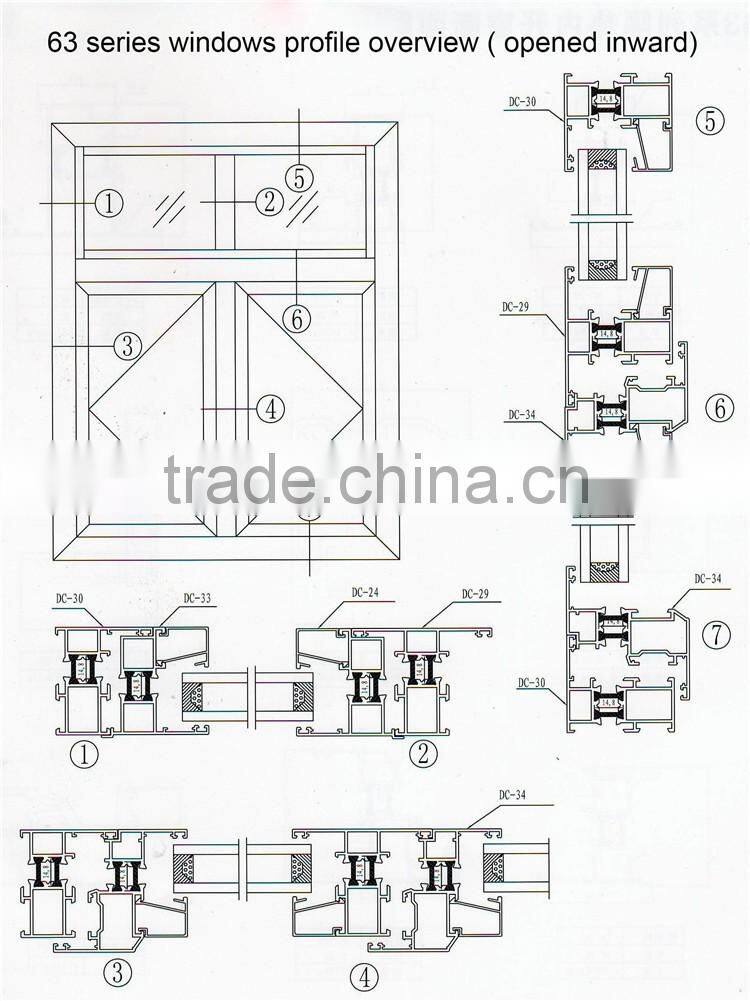63 series windows aluminum profiles opened inward