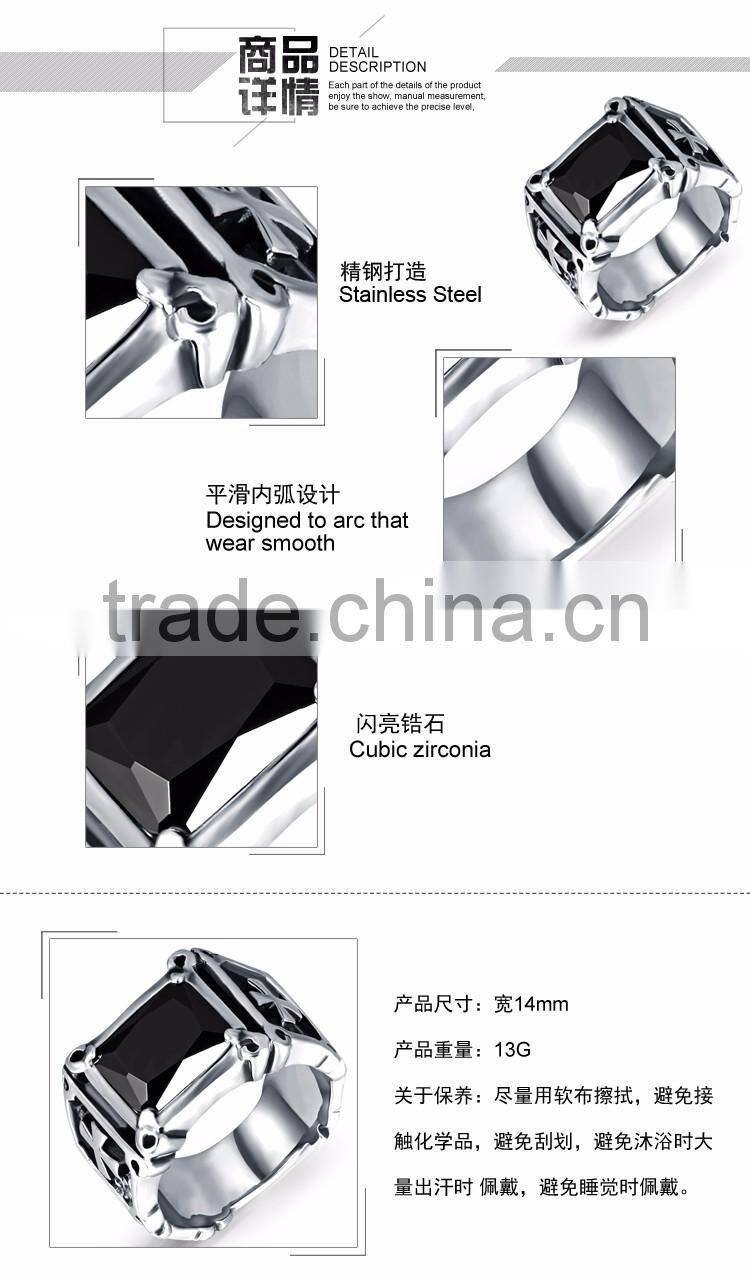 Hot Sale Silver Plated Black Stainless Steel Ring Men Jewelry Wholesale Punk Wedding inlay Crystal Ring