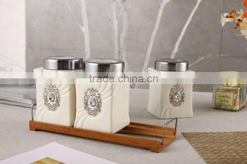 ceramic canister set with stainless lid & wooden stand