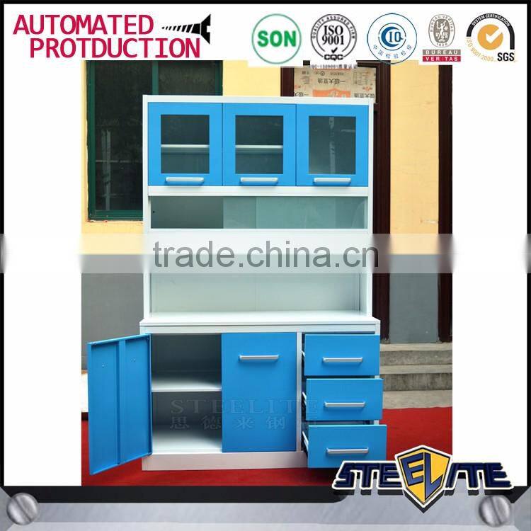 Waterproof steel 3 glass doors kitchen cabinet modern with 3 drawers