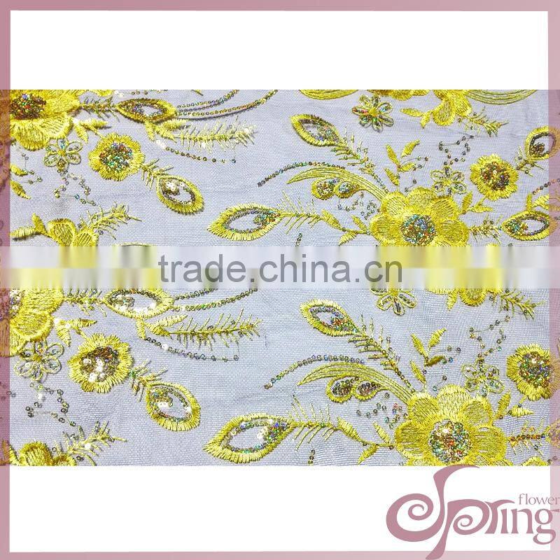 golden flower with beads embroidery lace fabric for dress/tunic/wedding dress