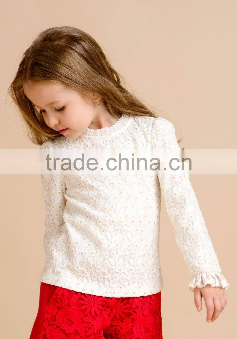 Girls fashion new design lace top long sleeve shirt for Autunm kids clothing wholesaler 100% cotton lining