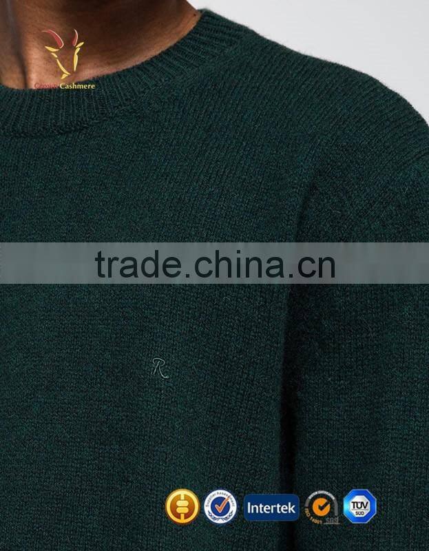 Men Pure Cashmere Green Knitted Jumpers Crew Neck Emboridery Sweaters