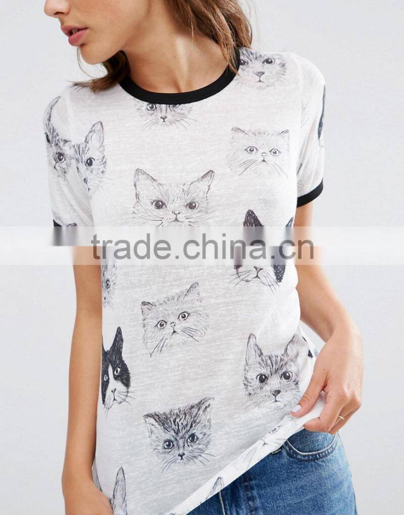 Wholesale China fashion design cheap 100% polyester t shirt for women with cat print
