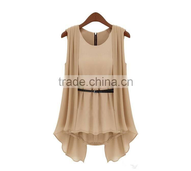 Wholesale Hot Selling Fashion women Summer Top high Quality Ladies top Beige O-Neck Sleeveless Career OL Chiffon elegant Blouse