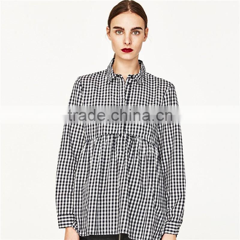 2017 OEM Spring Long Sleeves Babydoll Gingham Shirt with Flounce Uneven Hem