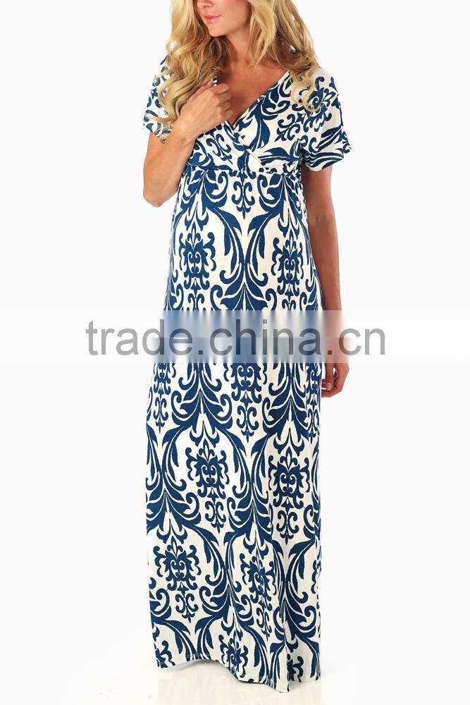 TEAL DAMASK PRINTED MATERNITY/NURSING MAXI DRESS