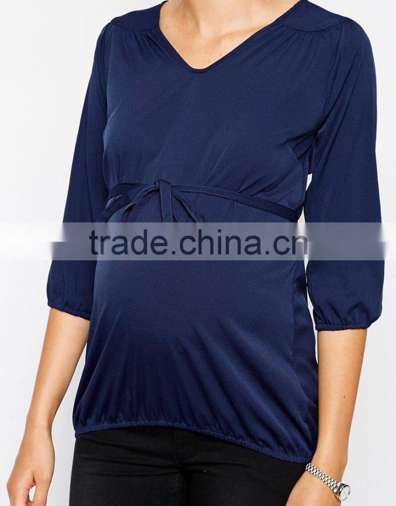 2014 wholesale maternity clothes 3/4 Sleeve V-Neck Blouse With Tie Belt