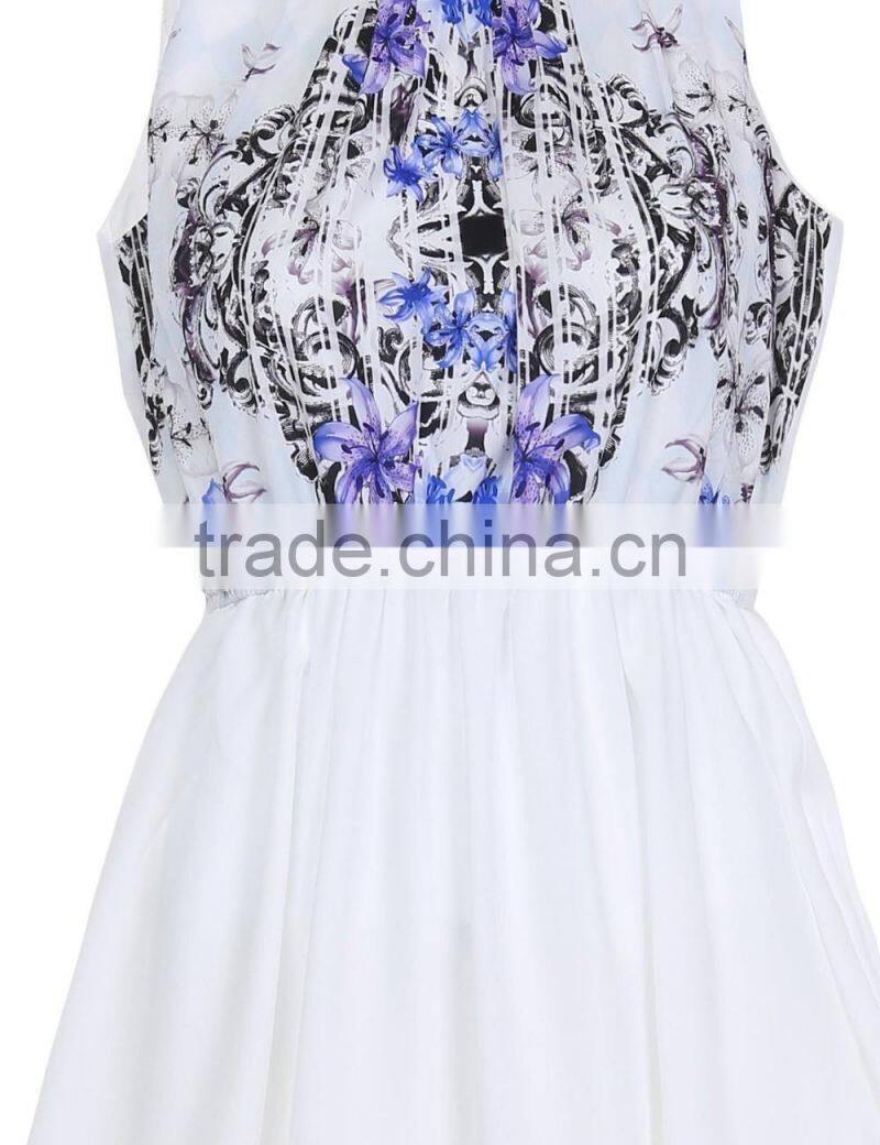 Girls retro flavor printed sleeveless irregular dress