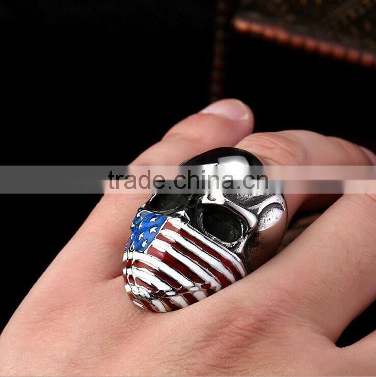 Mens Punk Goth Skull Ring Patriotic Stars Stripes Honor American Flag Bandit Biker Stainless Steel Ring Size 8-14