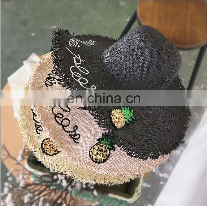 Letters Pineapple Straw Hat Large Eaves Sunscreen Beach Hat