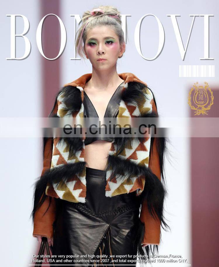 Wild Style Multicolored Goat Fur Coat Checked Merino Sheep Fur Jacket With Goat Fur Tassel Winter Women's Fashion Overcoat