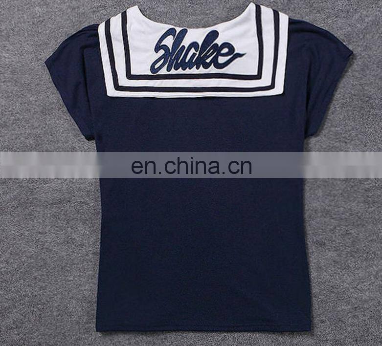 China Supplier 2016 Women Navy Blue Sailor Collar T-Shirt Lady Embroideried Blue Short Sleeve Tops