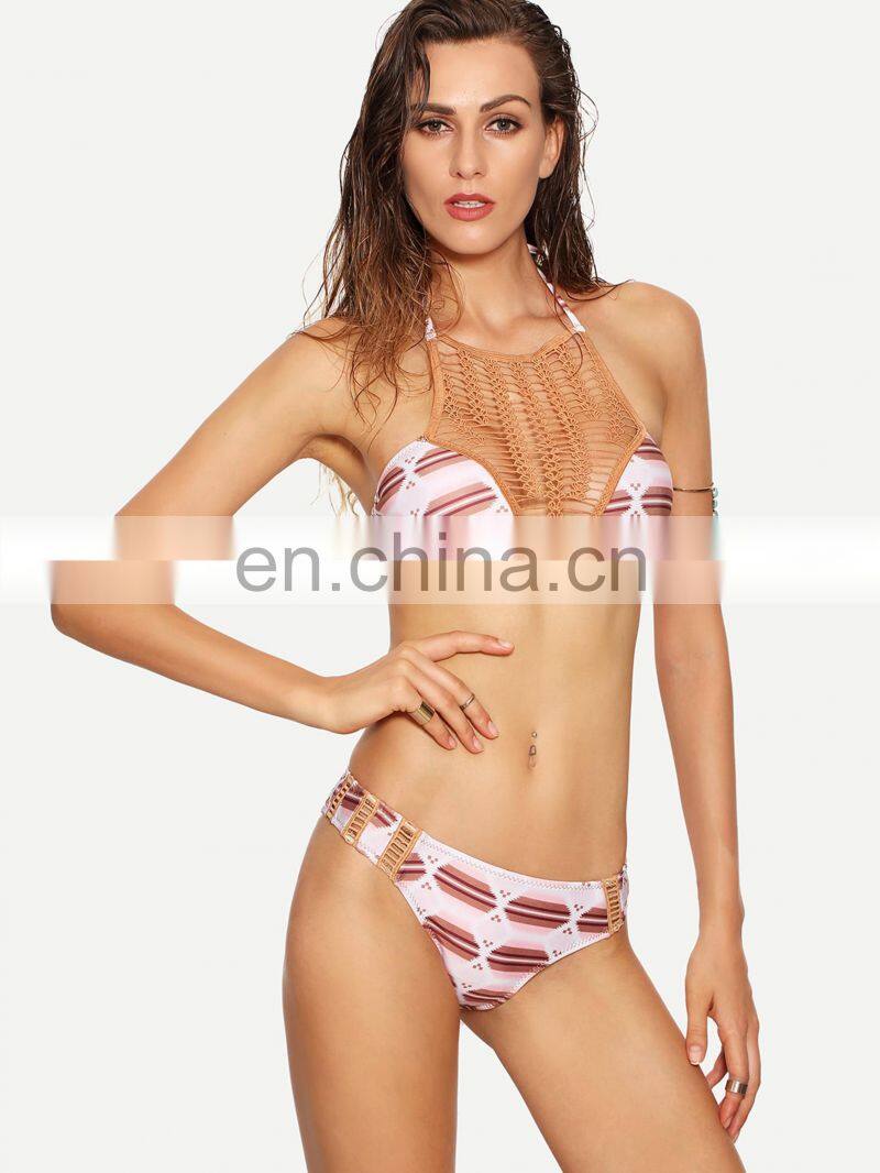 Geometric Print Halter Crochet Neck Bikini Set