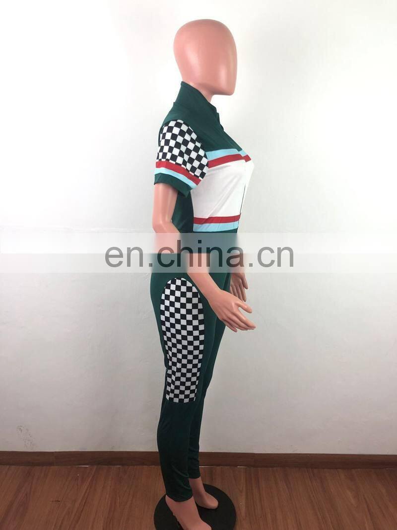 Summer Sexy V Neck Jumpsuits Plaid High Waist Rompers Front Zipper Womens Jumpsuit Bodycon Overalls Short Sleeve Playsuit