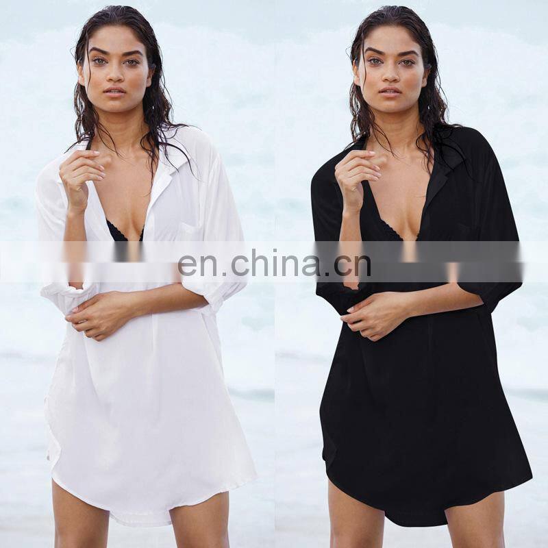 Summer Beachwear White Black Chiffon Blouse Shirt Bathing Suit Women Swimsuit Beach Sarongs Cover Ups Beach Dress Tunic Swimwear