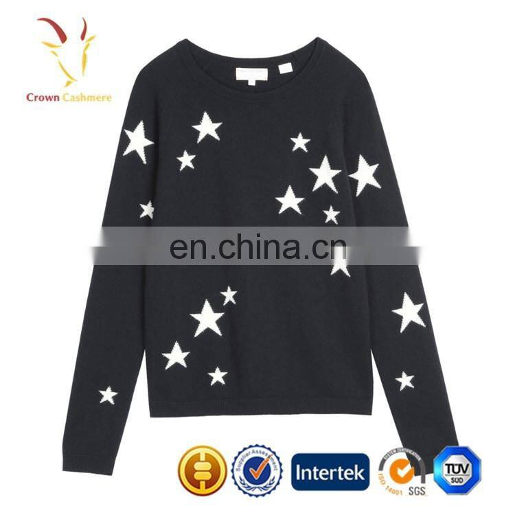 Pure Wool Knitted Star Design Black Intarsia Sweater