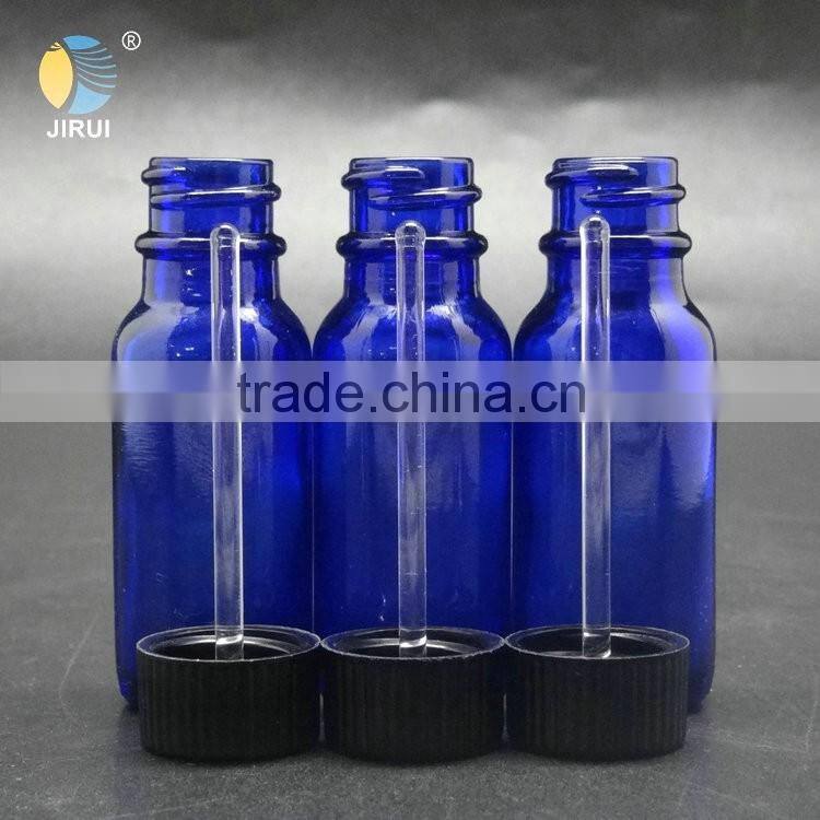 15ml blue boston round glass bottle with plastic cap and glass rod