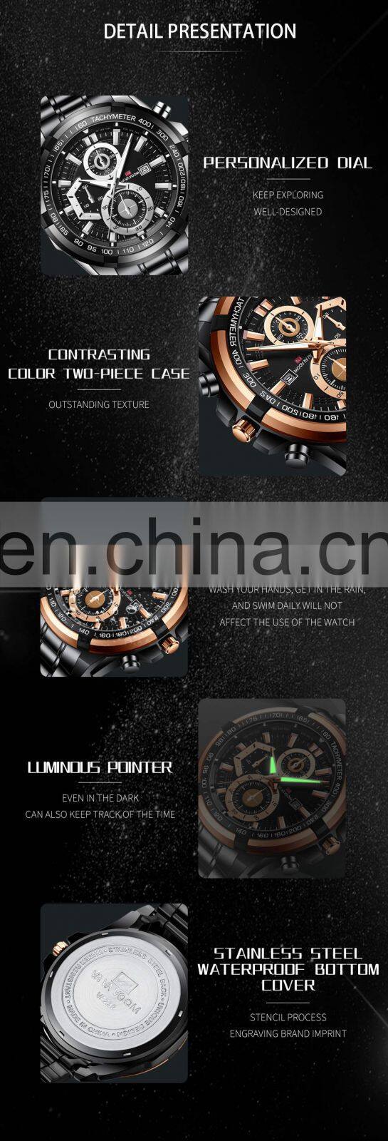 VA VA VOOM 2321 Men Quartz Watch Sports Fashion Rose Gold Case Black Stainless Steel chain watch for men