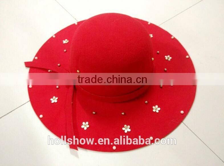 Fashion Women Flower Pearl Beaded Large Brim Trilby Fedora Hats with Ribbon