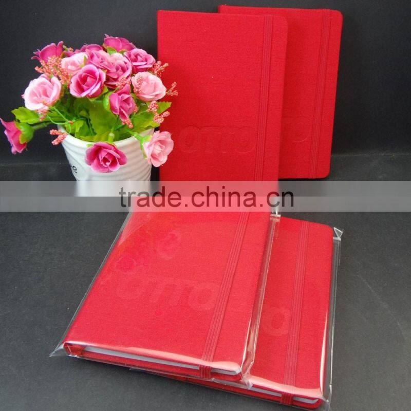 embossed logo red fabric cover journal with elastic band