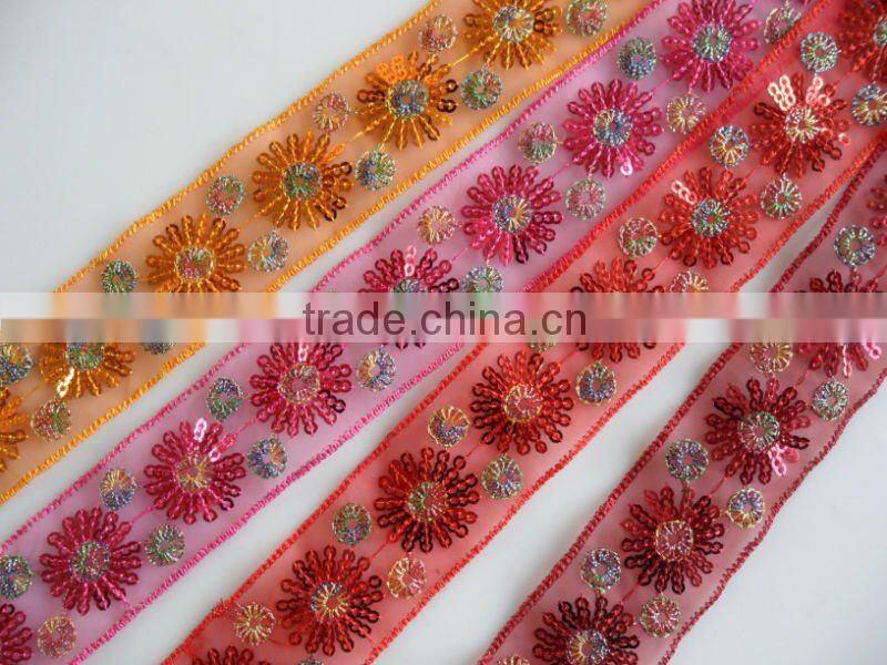 Multicolourful organza embroidey lace ribbon