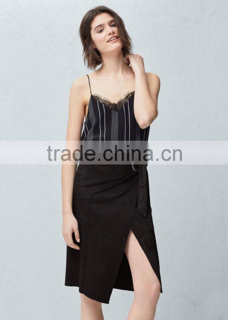 Custom Slit With Buckle Women Black Faux Suede Wrap Skirt