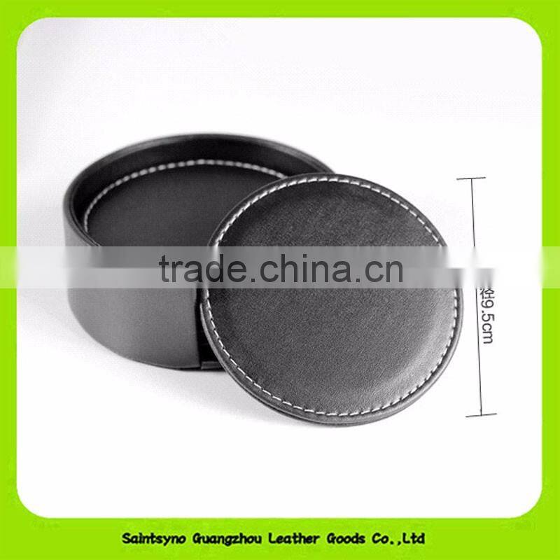 Solid Coffee Circular Cup Mat With Custom Logo, Faux Leather Coasters With Holder 16031