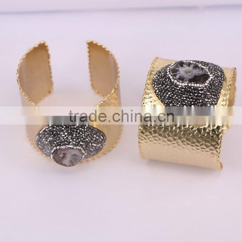 Fashion Metal Brass Plated Gold Druzy Bangles, Natural Agate Geode Gem stone Bangle, with Pave Crystal Quartz Stone Bangles