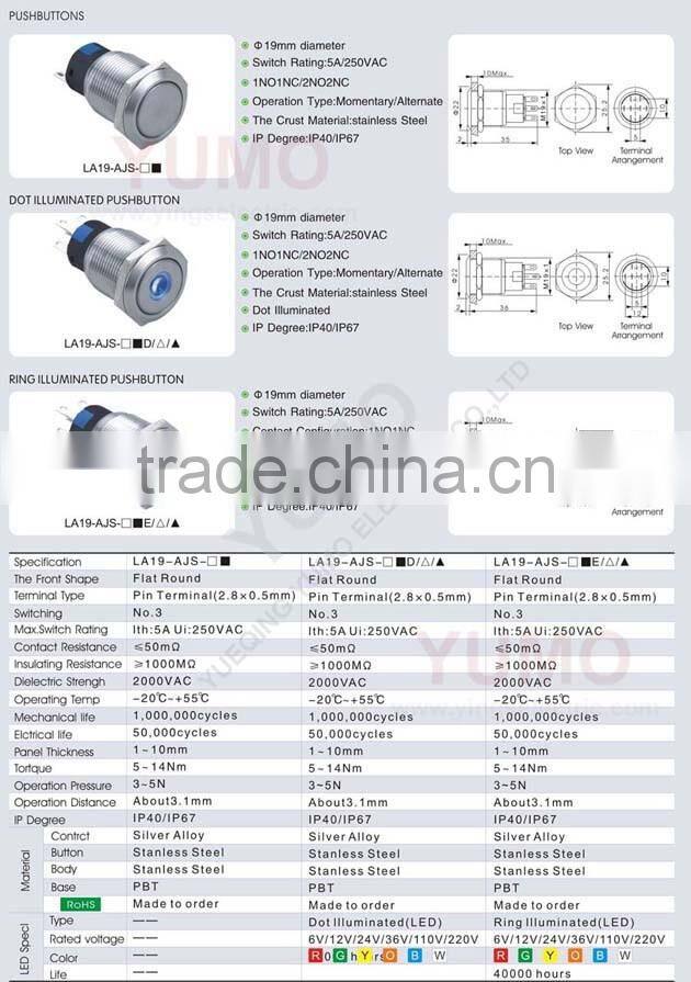 LA19 series IP65 6 pin terminal 5A/250VAC Stainless metal push button with connector metal push button socket base