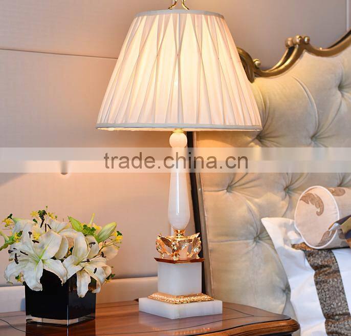 Luxury jade made body with brass decoration fabric lampshade white color table lamp