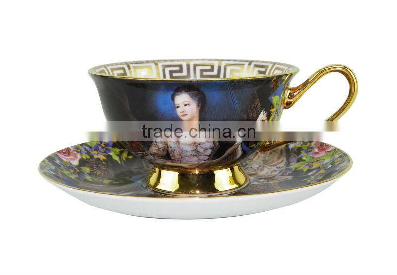 High Quality New Product Bone China 200ml Bone China European style Lady Pattern coffee cup with Saucer Set for Wedding Gift