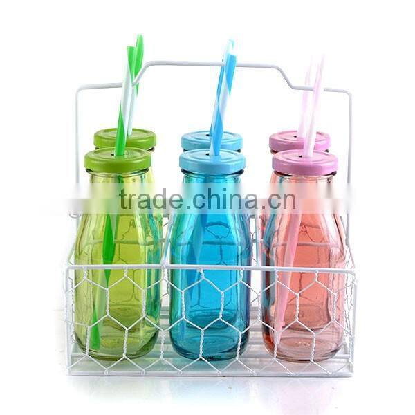 mini color milk bottles with straw and iron frame