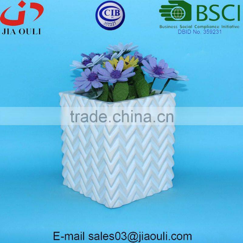 Glazed white and wash Geometric Patterned Mini square Ceramic Planter