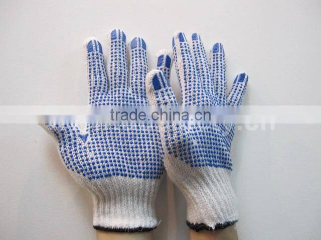DDSAFETY 2017 7G Bleach Cotton Polyester Knitting Working Gloves With Blue PVC Dots Both Sides Safety Gloves