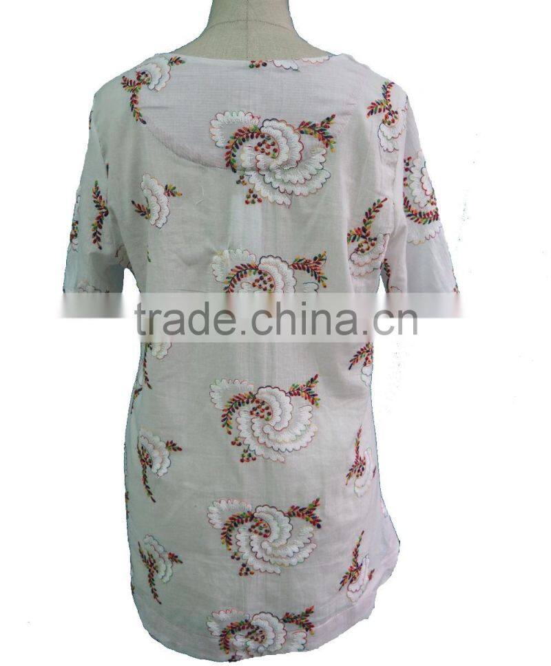 Floral Hand Embroidery Designs Round Collar Short Sleeve with Front Pocket Blouse Tunic Dress
