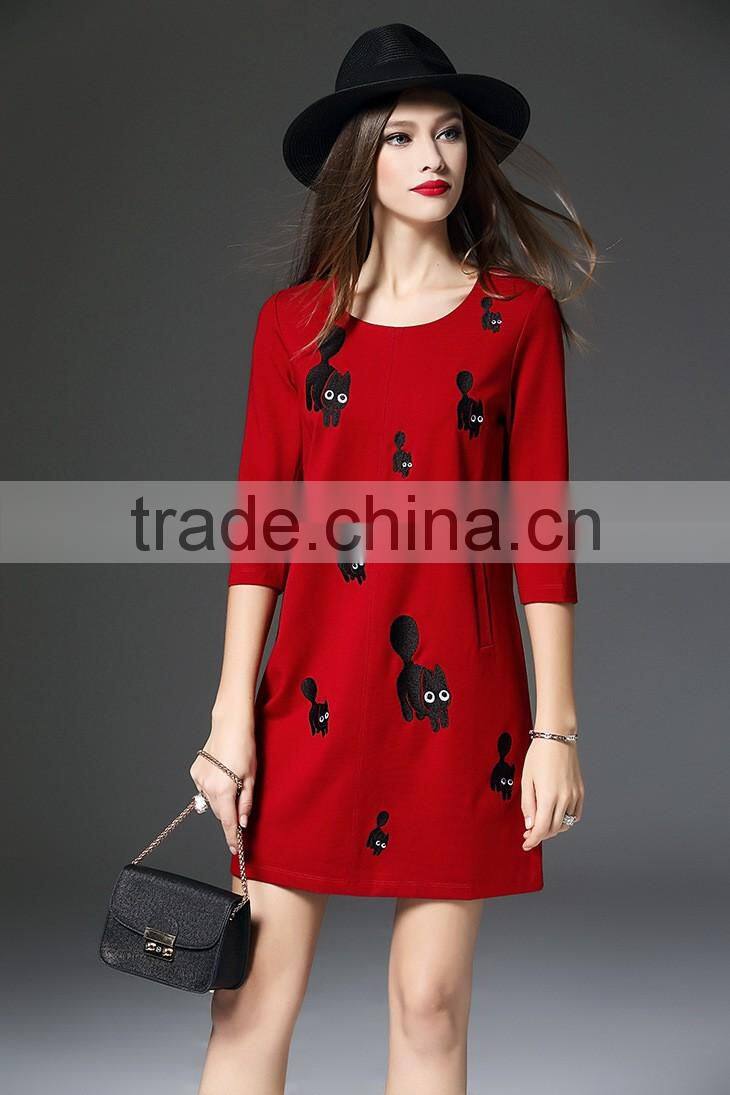 New fashion pocket three-quarter sleeve red color roma fabric embroidery beautiful lady one-piece dress