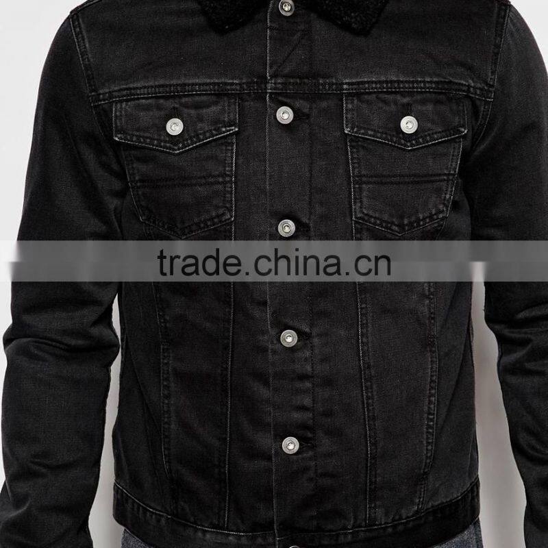 black denim plain fur jacket black collar windbreak overcoat for men