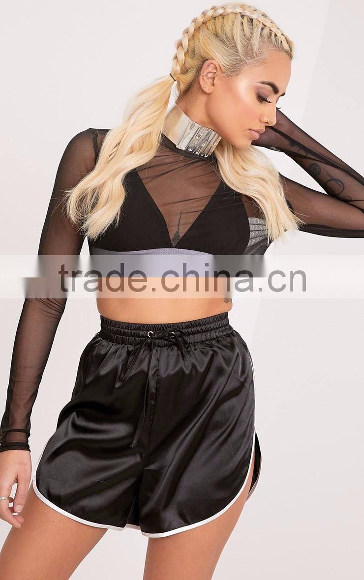 High Waist Women Plain Black Satin Contrast Binding Runner Shorts With High Curved Side