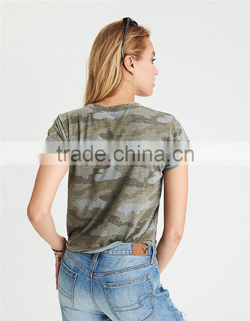 MGOO Wholesale Slim Fit Raw Cut Hems Camo T Shirts Full Digital Print Cutout T Shirt For Women
