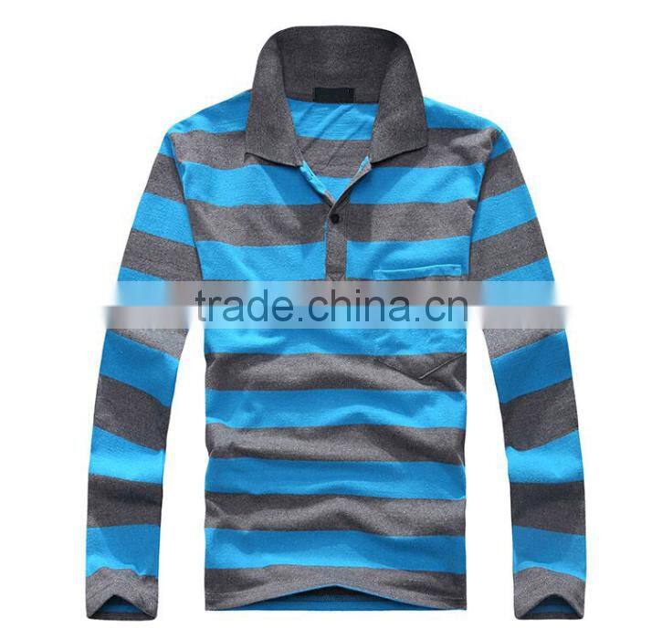 2016 hot sale custom 100% cotton long sleeve mens stripe polo shirts with pocket