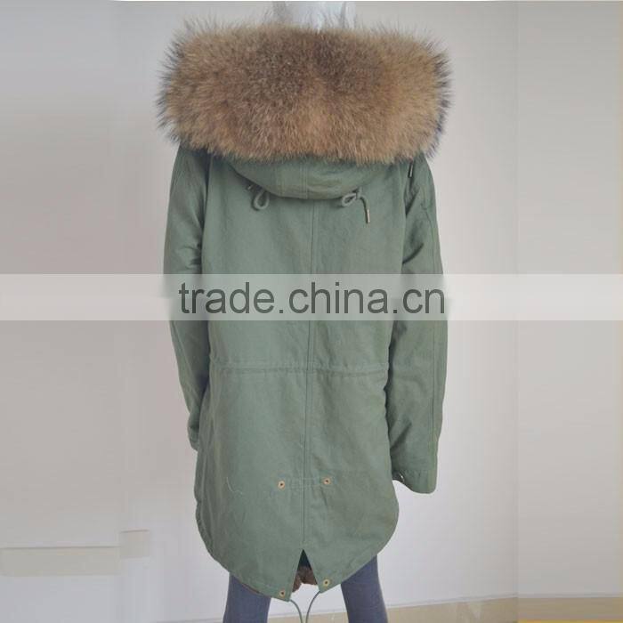 Myfur Long Parka with Detachable Raccoon Fur Hood Navy Fur Trimmed