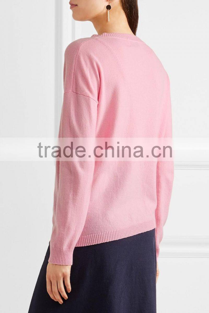 Crew Necked Pink Colored Asymmetrical Hem 100% Cashmere Sweater Women