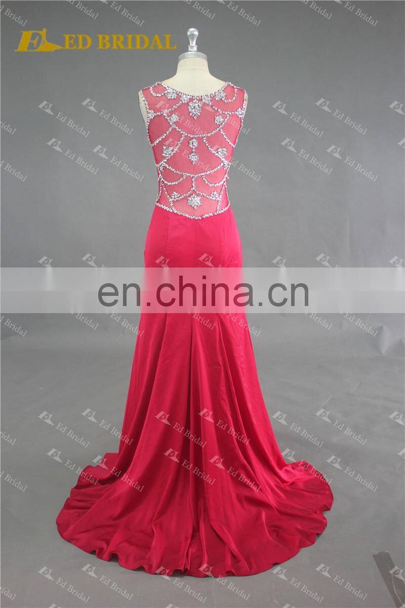 Real Sample Sexy See Through Back Beaded Side Slit Red Formal Gown Evening Dress