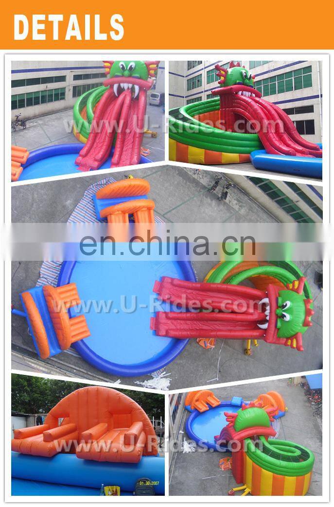 Colorful Monster Style 20 m Long Inflatable Water Park With Slide And Pool