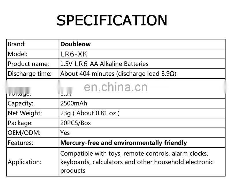OEM Customized heavy duty alkaline dry battery 20pcs/box 1.5v lr6 no.5 aa alkaline primary battery cell