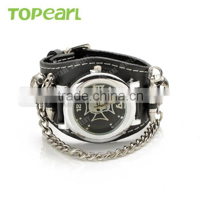 Mens Gothic Punk Rock Chain Skull Bullets Black Leather Watch LVB227